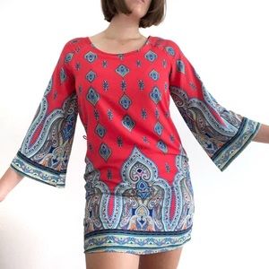 Hot coral and paisley blue boho mini dress with statement bell sleeves
